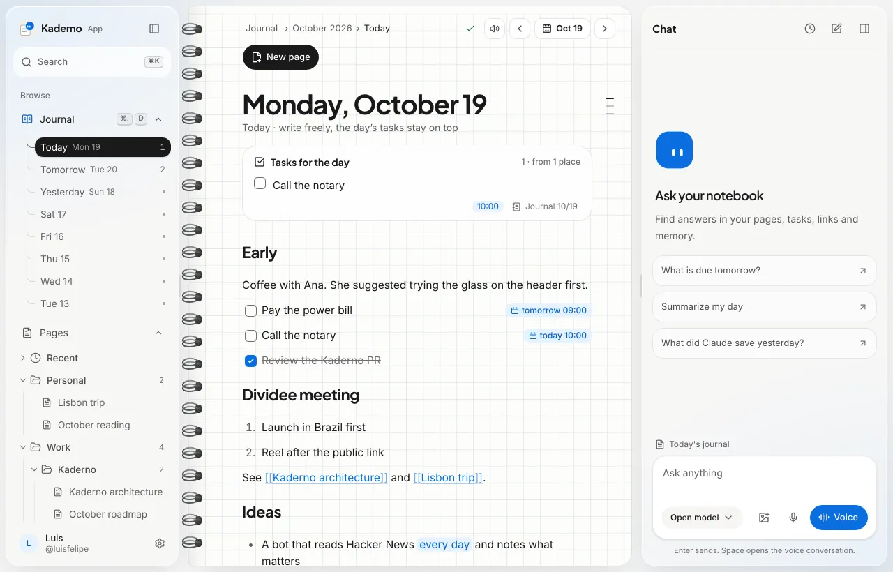 Kaderno open on today’s Journal: tasks with dates, morning notes and, in the sidebar, folders that are pages