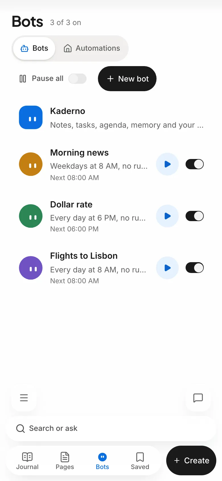 The bot list on the phone, with routines and the Automations tab