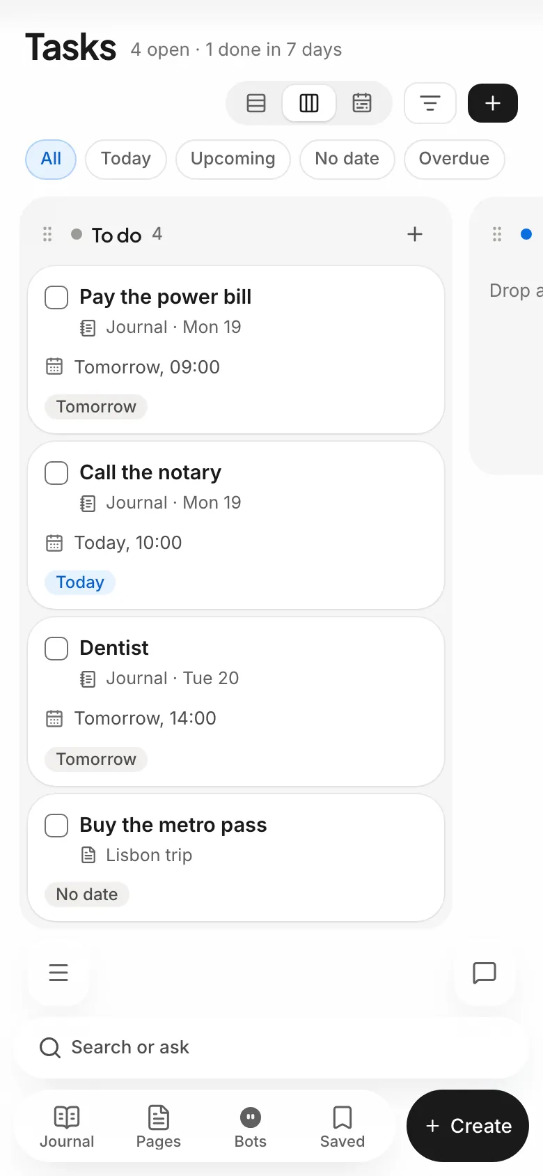 The Tasks board on the phone, with due times today and tomorrow