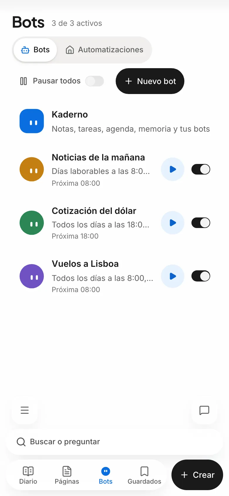 La lista de bots en el móvil, con las rutinas y la pestaña Automatizaciones