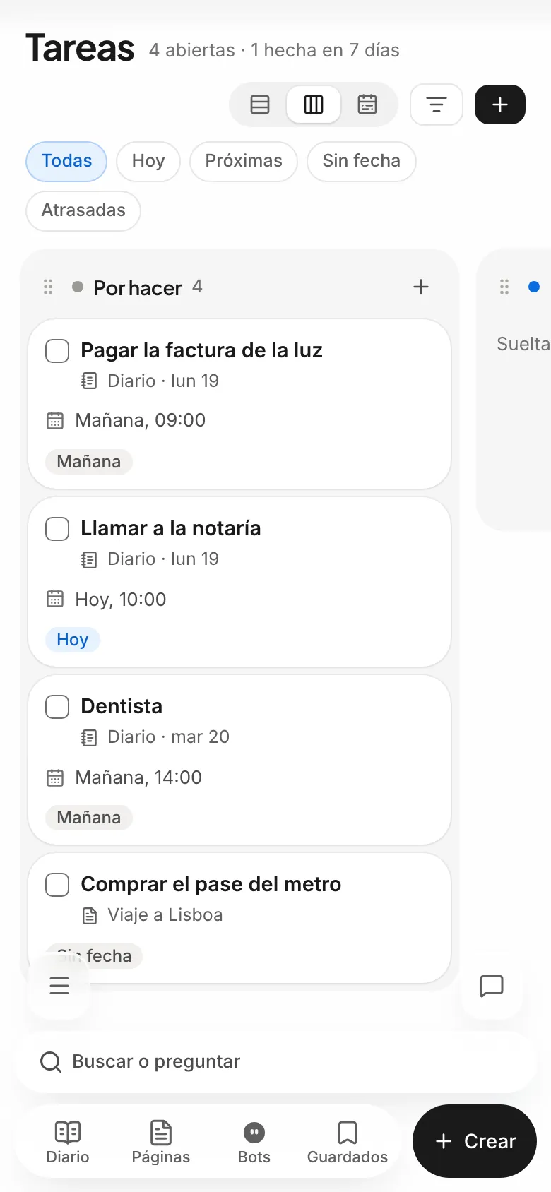 El tablero de Tareas en el móvil, con plazos de hoy y de mañana