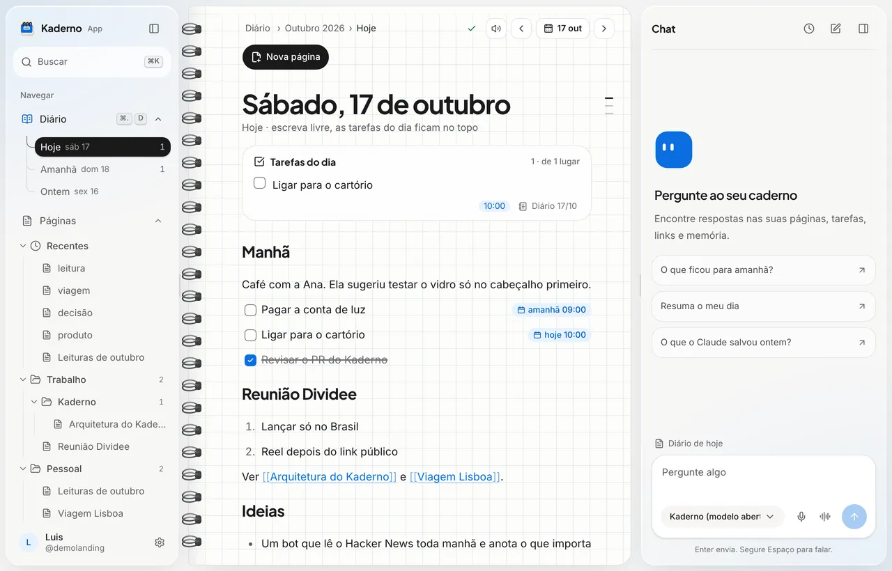 Kaderno aberto no Diário de sábado, 17 de outubro: tarefas com data, notas da manhã e links para outras páginas