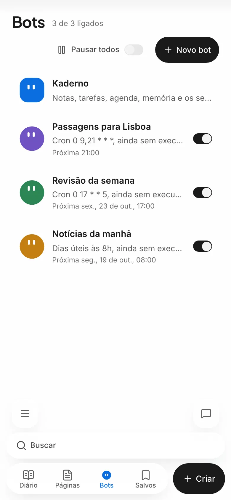 A lista de bots no navegador do celular